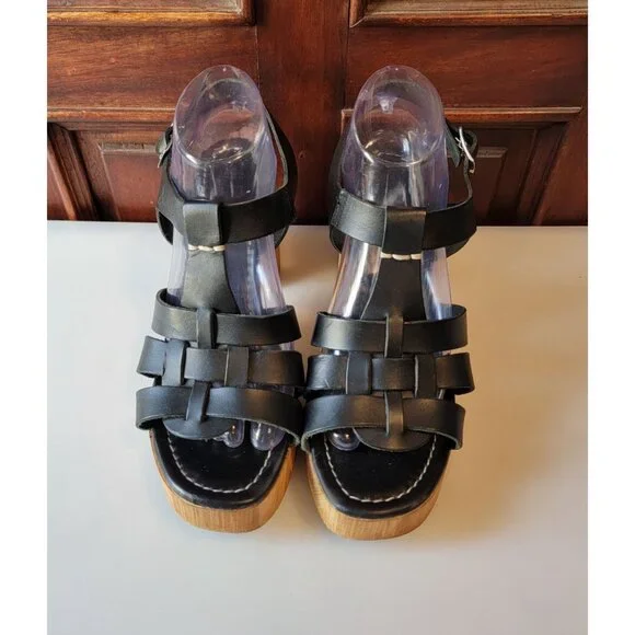 Anthropologie Silent D Italian Black Leather Wooden Fisherman Heels Sz 41 - Picture 3 of 11